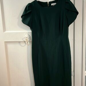 Green Calvin Klein work dress with gold zipper